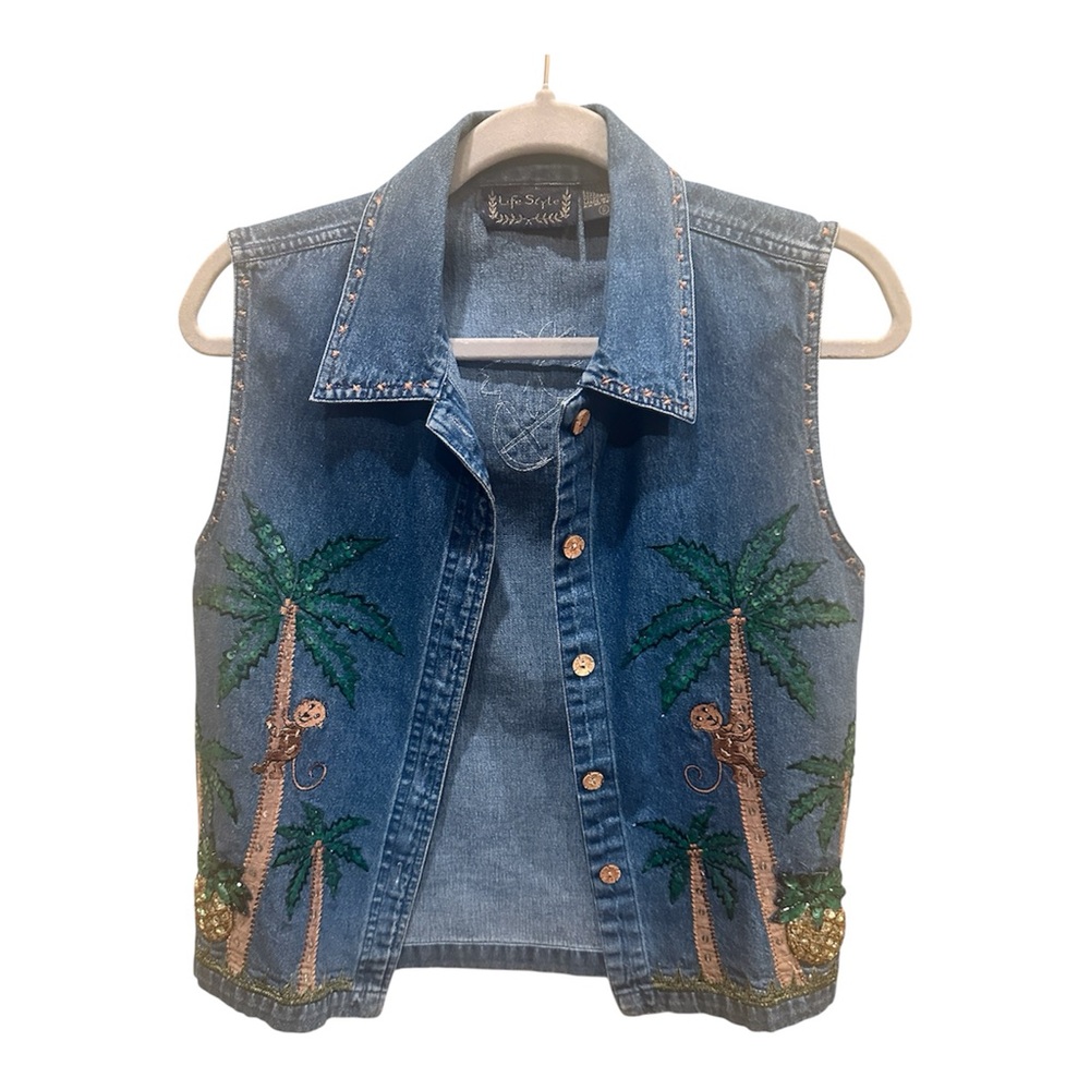 Vintage Life Style Vest Blue Denim Embroidered with Monkey Palm Tree Pre-loved S